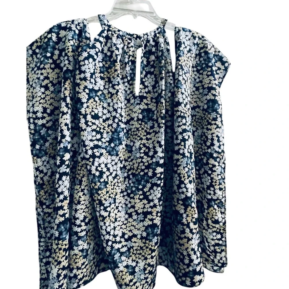 Michael Kors‎ Floral Cold Shoulder Chain Halter Neck Blouse Navy Blue Cream L